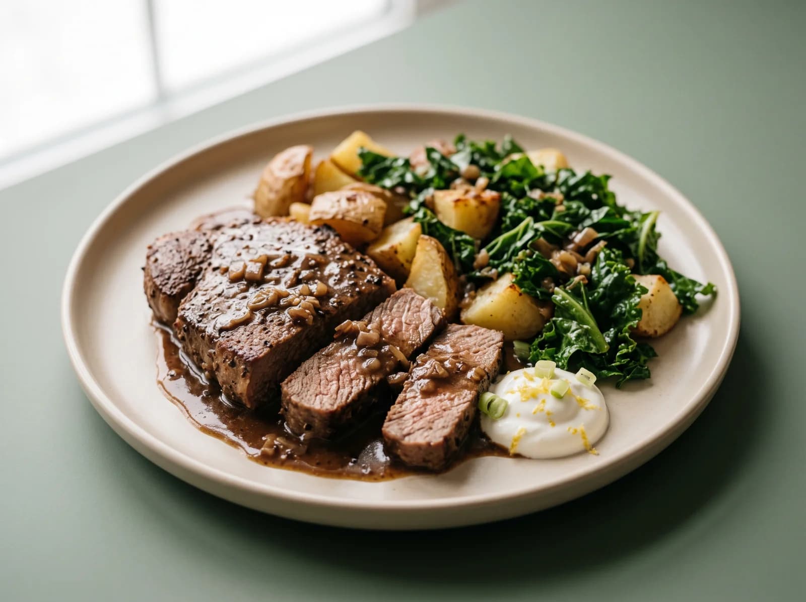 Peppercorn Sirloin with Dijon Pan Sauce
