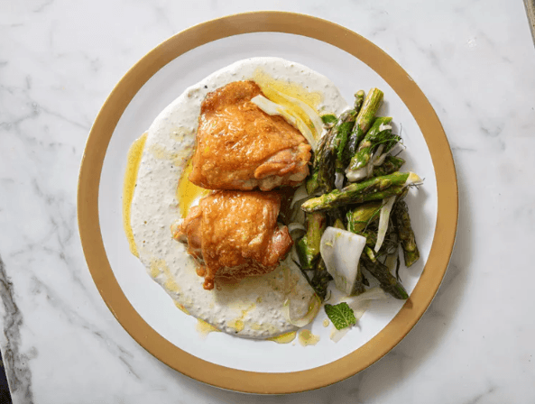 Sheet-Pan Chicken and Asparagus With Olive-Yogurt Sauce