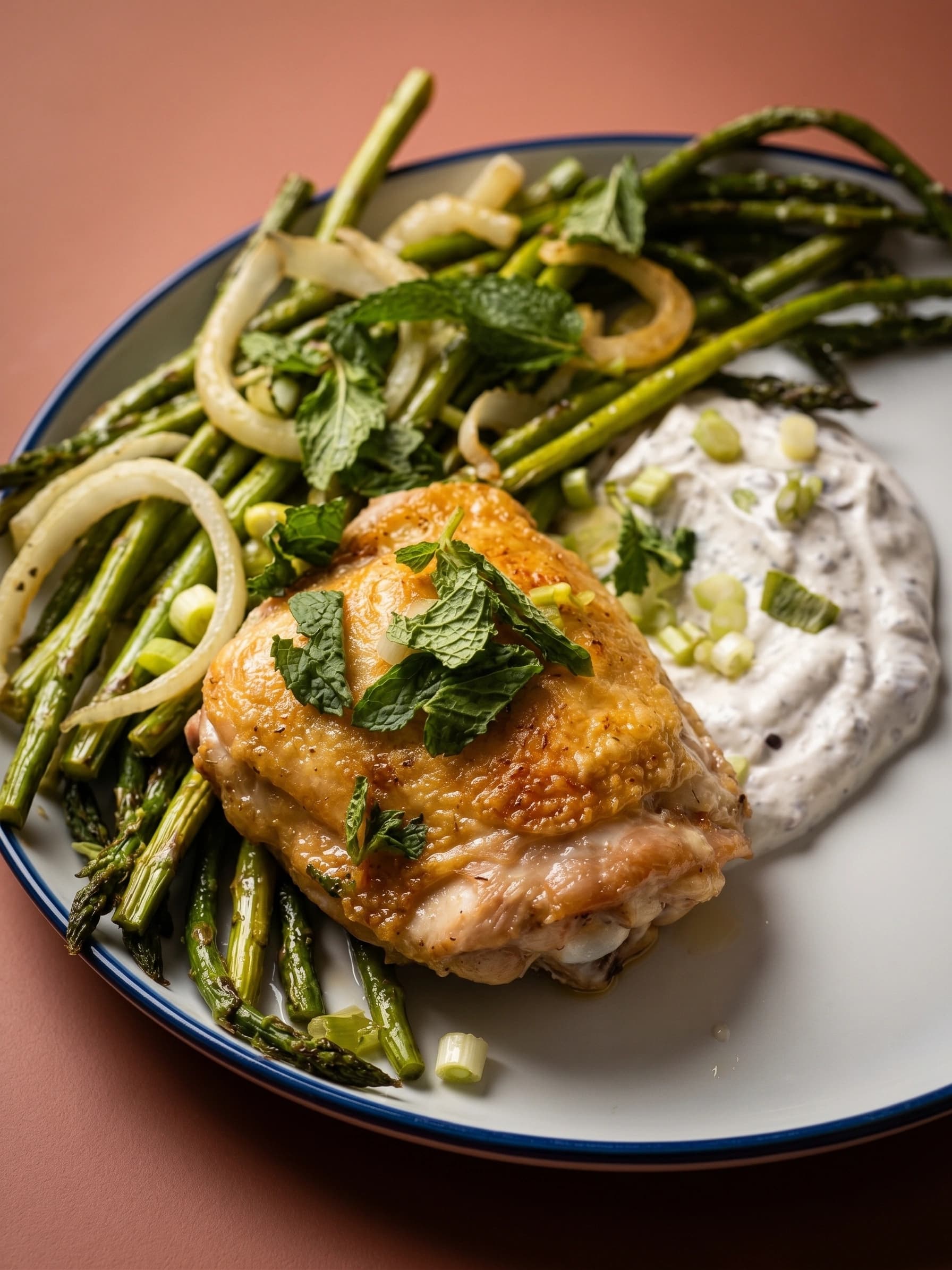 Sheet-Pan Chicken and Asparagus With Olive-Yogurt Sauce