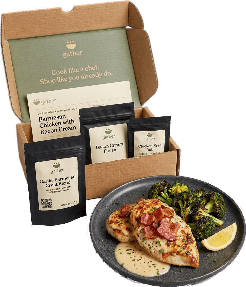 An open Gather mailer with three spice packets, a recipe card, and a finished plate of parmesan chicken with bacon cream and charred broccoli